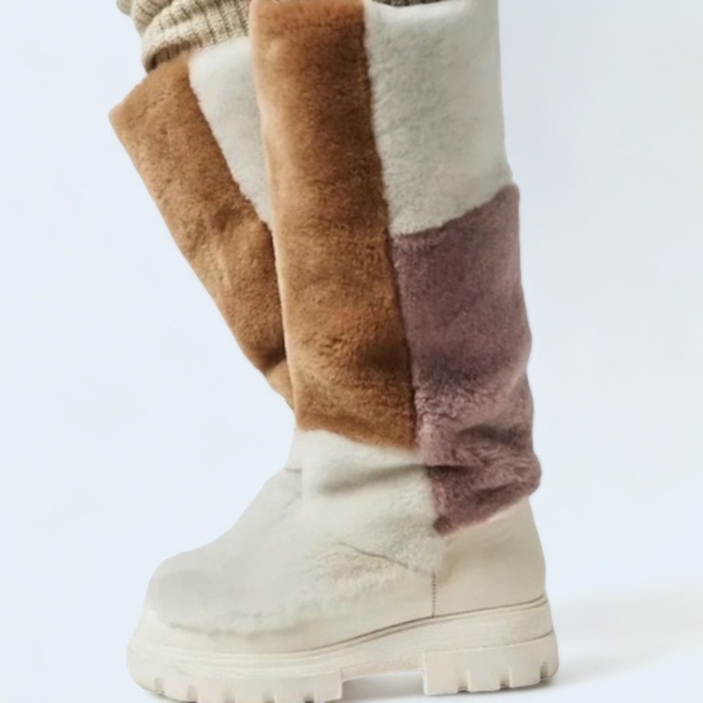 New Free People Fur Patchwork Colorblock Tall Leather 7.5 White Purple Boots - Picture 5 of 8
